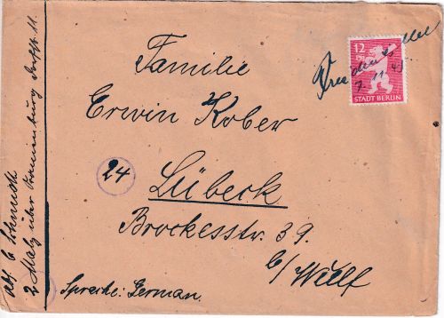 SBZ/Brandenburg - Friedensallee 7.11.45 hds. Entwertung Brief Malz - Lübeck