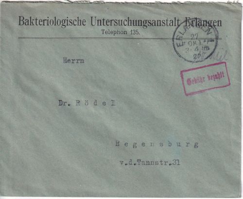 DR-Infla - Erlangen 27. OKT 23 Gebühr bezahlt roter Ra1 Brief n. Regensburg
