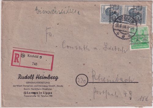 Bizone - 84+2x12 Pfg. Arbeiter/Band Einschreibebrief Krefeld 5 - Rheinbach 1948