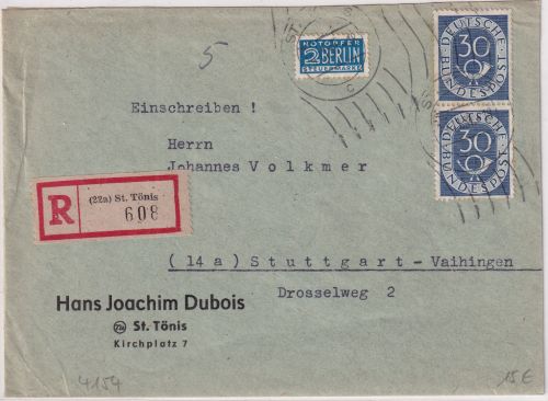 BRD - 2x30 Pfg. Posthorn Einschreibebrief St. Tönis - Stuttgart 1951
