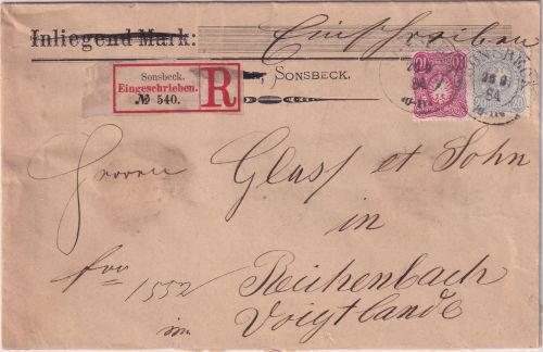 DR - 10+20 Pfg. Einschreibebrief K2 Sonsbeck - Reichenbach 1884