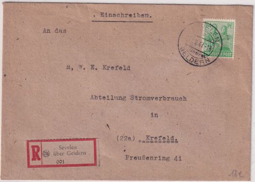 All.Bes. - Sevelen ü. Geldern Poststelle I Einschreibebrief n. Krefeld 1947