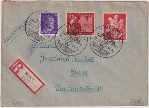 DR - Kleve "700 Jährige Stadt Schwanenburg Lohengrins" SST Einschreibebrief 1944