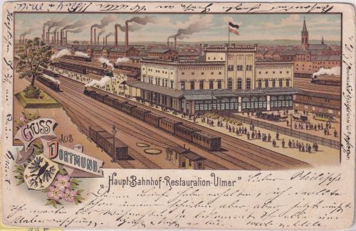 NRW - Dortmund Hauptbahnhof Restauration Ulmer Farblitho gelaufen 1902