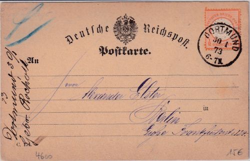 DR - 1/2 Gr. gr. Brustschild Karte K1 Dortmund - Berlin 1873
