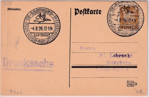 DR - Dortmund 1926 32. Dt. Philatelistentag Luftpost SST Drucksache n. Nürnberg