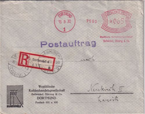 DR - Dortmund 1930 65 Pfg. AFS Einschreibebrief/Postauftrag n. Neukirch