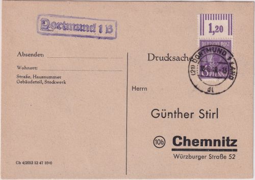 All.Bes. - Dortmund 1B Stadtpost-Ra1 Drucksachenkarte n. Chemnitz 1948
