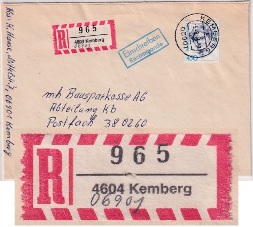 BRD - Kemberg 1993 PLZ-Umstellung Einschreibebrief n. München