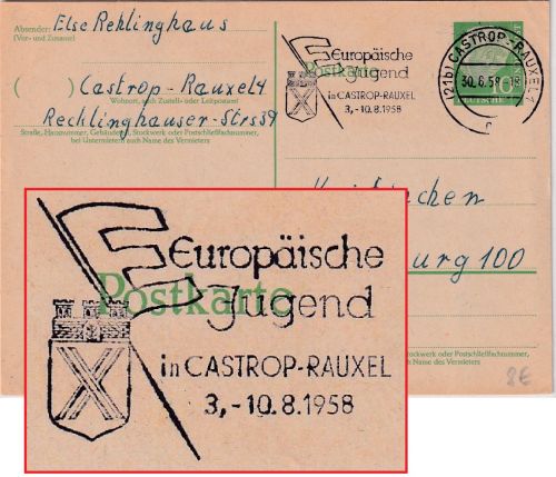 BRD - Castrop-Rauxel 1958 "Europäische Jugend" Masch.werbestpl. Ganzsache