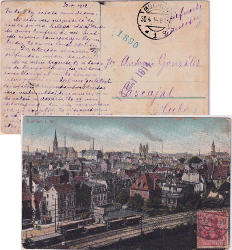 DR - 10 Pfg. Germania bildseitig frank. Ansichtskarte Bochum n. CUBA 1914
