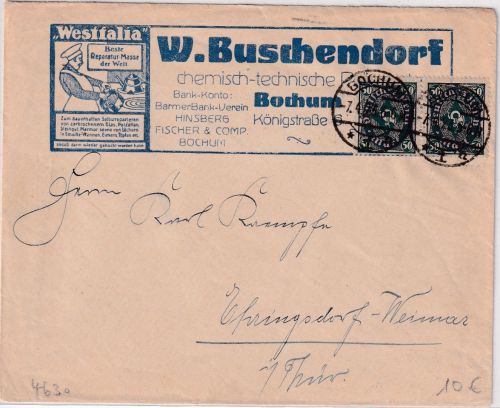 DR-Infla - 2x50 M. Posthorn illustr. Firmenbrief Bochum - Weimar 1923