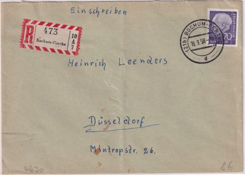 BRD - 70 Pfg. Heuss II Einschreibebrief Bochum-Gehrte - Düsseldorf 1958