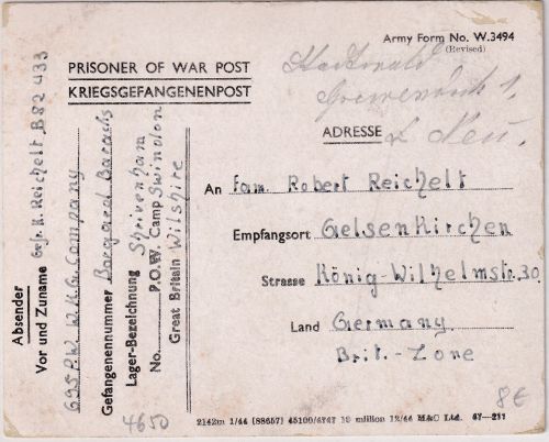 England - Kriegsgefangenenkarte Camp Swindon n. Gelsenkirchen 1946