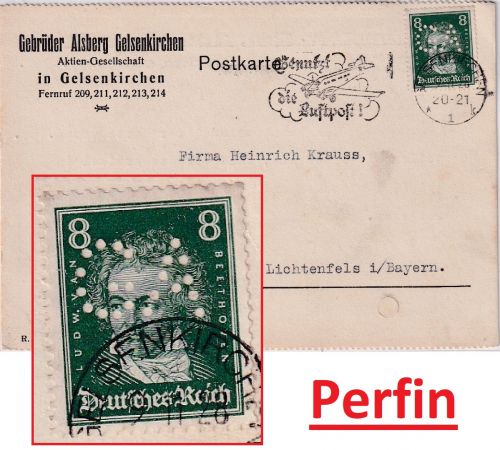 DR - 8 Pfg. Beethoven Perfin "GA" Firmenkarte Gelsenkirchen - Lichtenfels 1928