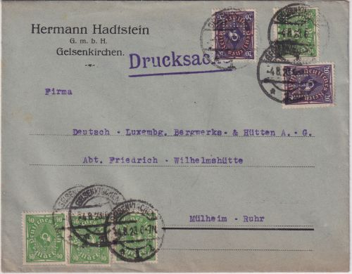 DR-Infla - 4x40+2x20 M. Posthorn Perfin "HH" Firmendrucksache Gelsenkirchen 1923