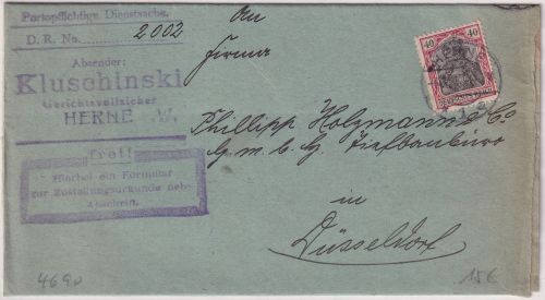 DR - 40 Pfg. Germania Zustellurkunde Herne - Düsseldorf 1913