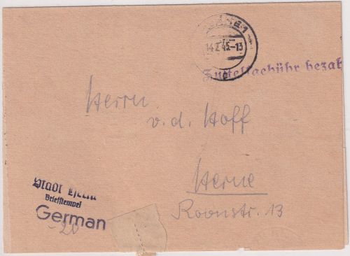 All.Bes. - Herne 14.7.45 L1 Zustellgebühr bezahlt" Ortsbrief m. Inhalt