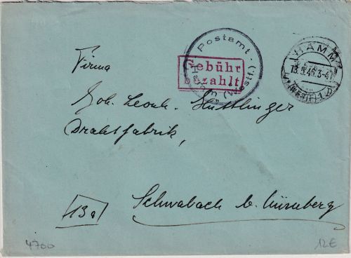 All.Bes. - Hamm18.5.46 Gebühr bezahlt roter Ra2 + PA-Siegel Brief n. Schwabach