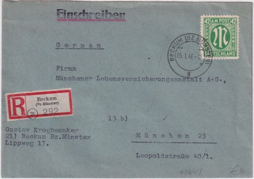 AM-Post - 42 Pfg. dt. Druck Einschreibebrief Beckum - München 1946