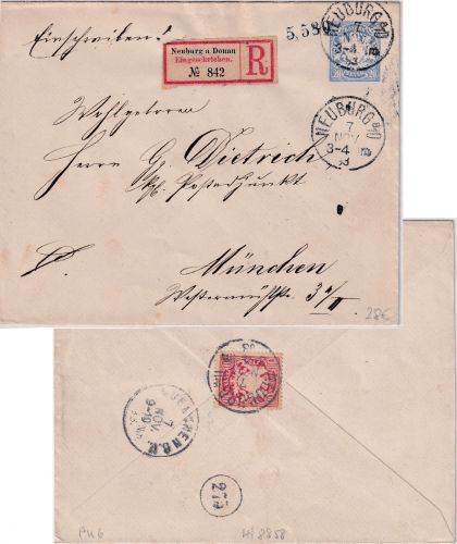 Bayern - 20 Pfg Wappen Privatganzsache+Zusatz/Einschreibebrief Neuburg a/D. 1893