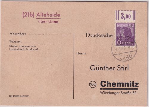 All.Bes. - (21b) Altefeide ü. Unna Landpost-L2 Drucksachenkarte n. Chemnitz 1948