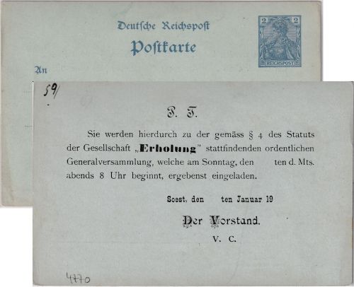 DR - 2 Pfg. Germania/Reichspost Ganzsache Zudruck Soest Ges. "Erholung" ca. 1900