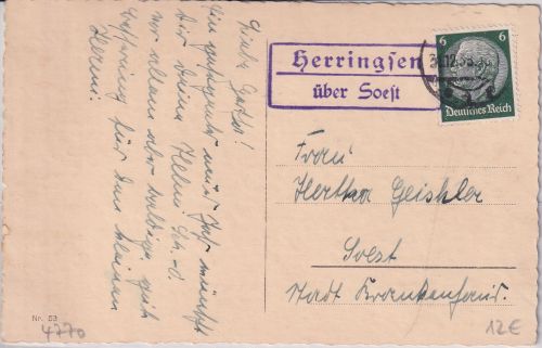 DR - Herringsen ü. Soest Landpost-Ra2 Karte n. Soest 1938