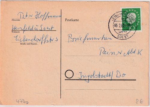 BRD - (21b) Herzfeld ü. Soest Poststelle I Karte n. Ingolstadt 1962