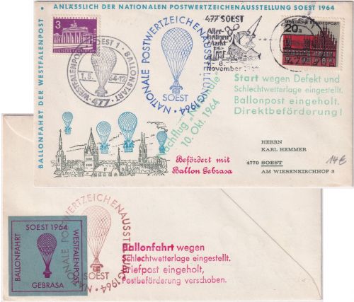 BRD - Soest 1964 Schmuckkuvert PWZ-Ausstellung Ballonpost m. Abbruch-L4