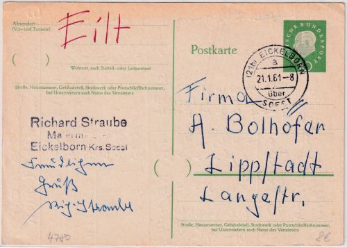 BRD - (21b) Eickelborn ü. Soest Poststelle I Ganzsache n. Lippstadt 1961