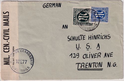 AM-Post - 25+50 Pfg. dt. Druck Zensurbrief n. USA Atteln ü. Paderborn 1946