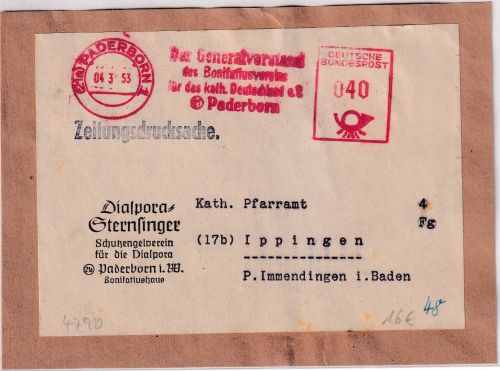 BRD - Paderborn 1953 40 Pfg. AFS "Bonifatiusverein" Zeitungsdrucksache-Vds.
