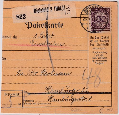 DR - 100 Pfg Korbdeckel Einschreibe-Paketkarte Bielefeld 2 (Hbf.) - Hamburg 1924