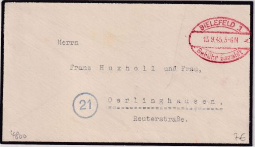 All.Bes. - Bielefeld 13.9.45 Gebühr bezahlt Trauerdrucksache n. Oerlinghausen