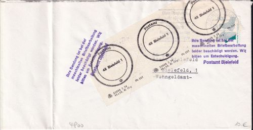 BRD - Bielefeld 1974 Verschlussstreifen u. Hinweis L5 "Crash cover" Ortsbrief