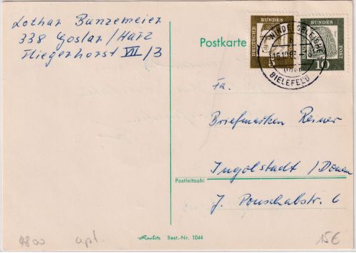 BRD - Windelsbleiche ü. Bielefeld apt. Poststelle I Ganzsache n. Ingolstadt 1963