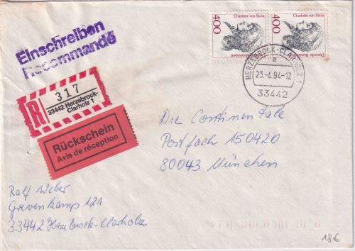 BRD - 2x400 Pfg. Frauen Einschreiben/Rückschein Herzebrock-Clarholz 1994