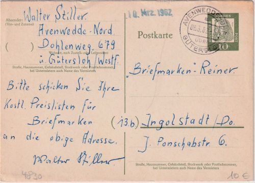BRD - Avenwedde-Bhf. ü. Gütersloh Poststelle I Ganzsache n. Ingolstadt 1962