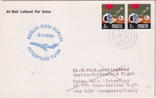 Malta - Interflug (DDR) Erstflug Rom Berlin - Zuleitungspost 1980