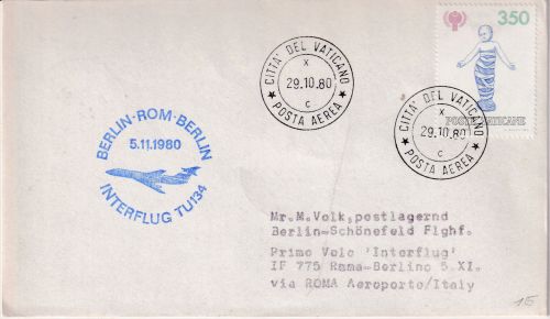 Vatikan - Interflug (DDR) Erstflug Rom-Berlin Zuleitungpost 1980