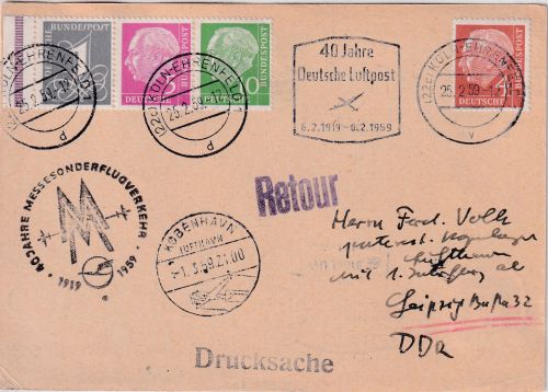 BRD - Interflug Leipziger Messeluftpost Zuleitungspost Leipzig Kopenhagen 1959