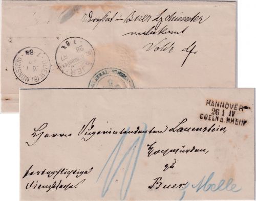 DR - Hannover 26/1 IV Coeln a. Rhein Bahnpost-L3 unfrank. Brief n. Buer 1887