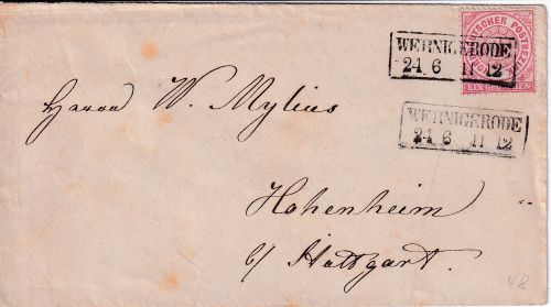 NDP - Wernigerode 24/6 Ra2 1 Gr. gez. Brief n. Hohenheim ca. 1871