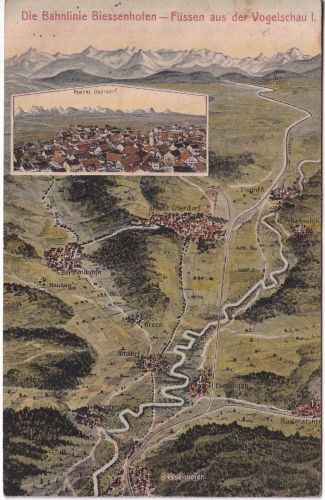 Bayern - Biessenhofen Füssen Bahnlinie farb. AK/Vogelperspektive gelaufen 1922