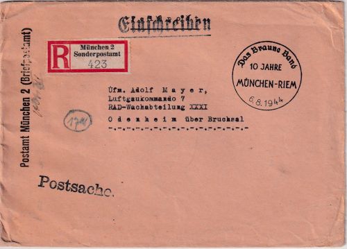 DR - München-Riem "Das Braune Band" SST+So-R-Zettel Einschreiben/Postsache 1944