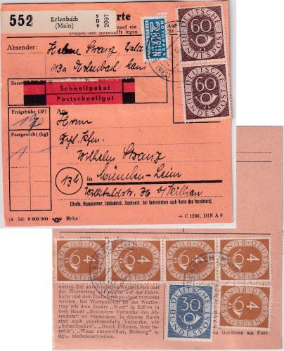 BRD - 2x60+5x4+30 Pfg. Posthorn Schnellpaketkarte Erlenbach - München 1954
