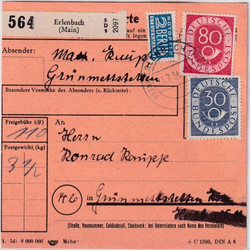 BRD - 80+30 Pfg. Posthorn Paketkarte Erlenbach - Grünmettstetten 1954