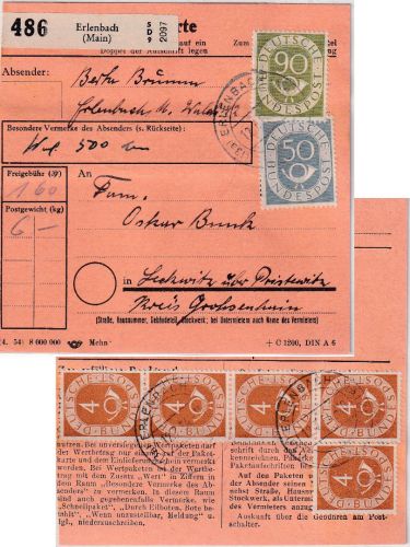 BRD - 90+50+5x4 Pfg. Posthorn Paketkarte Erlenbach - Leckwitz ü Pristerwitz 1954