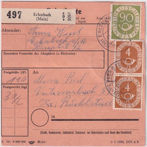 BRD - 90+5x4 Pfg. Posthorn Paketkarte Erlenbach - Rudolstadt 1954